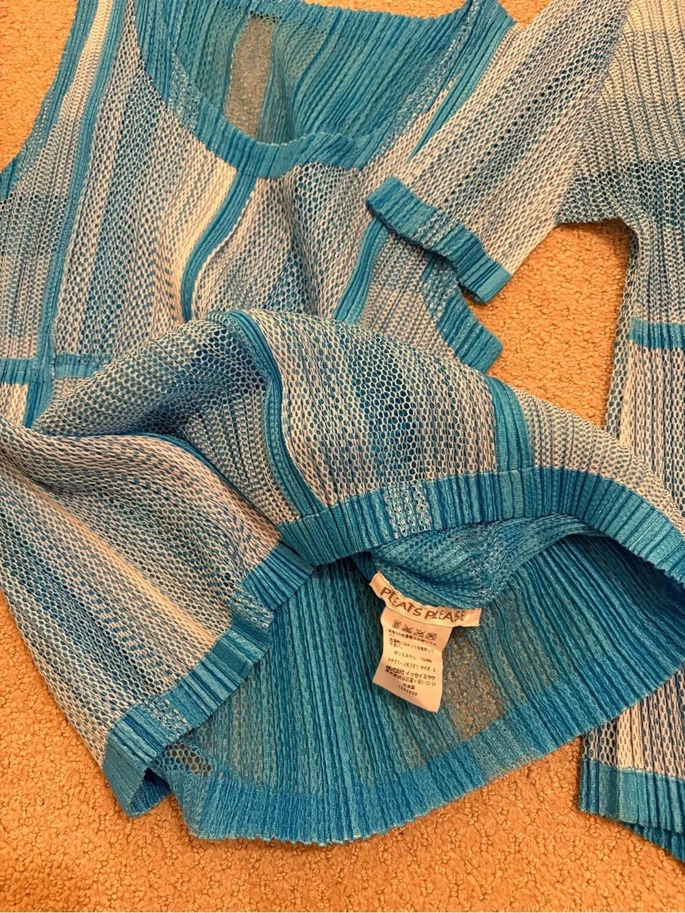 Pleats Please Issey Miyake 3 Piece Blue Mesh Pleated Set Pants Tank Cardigan